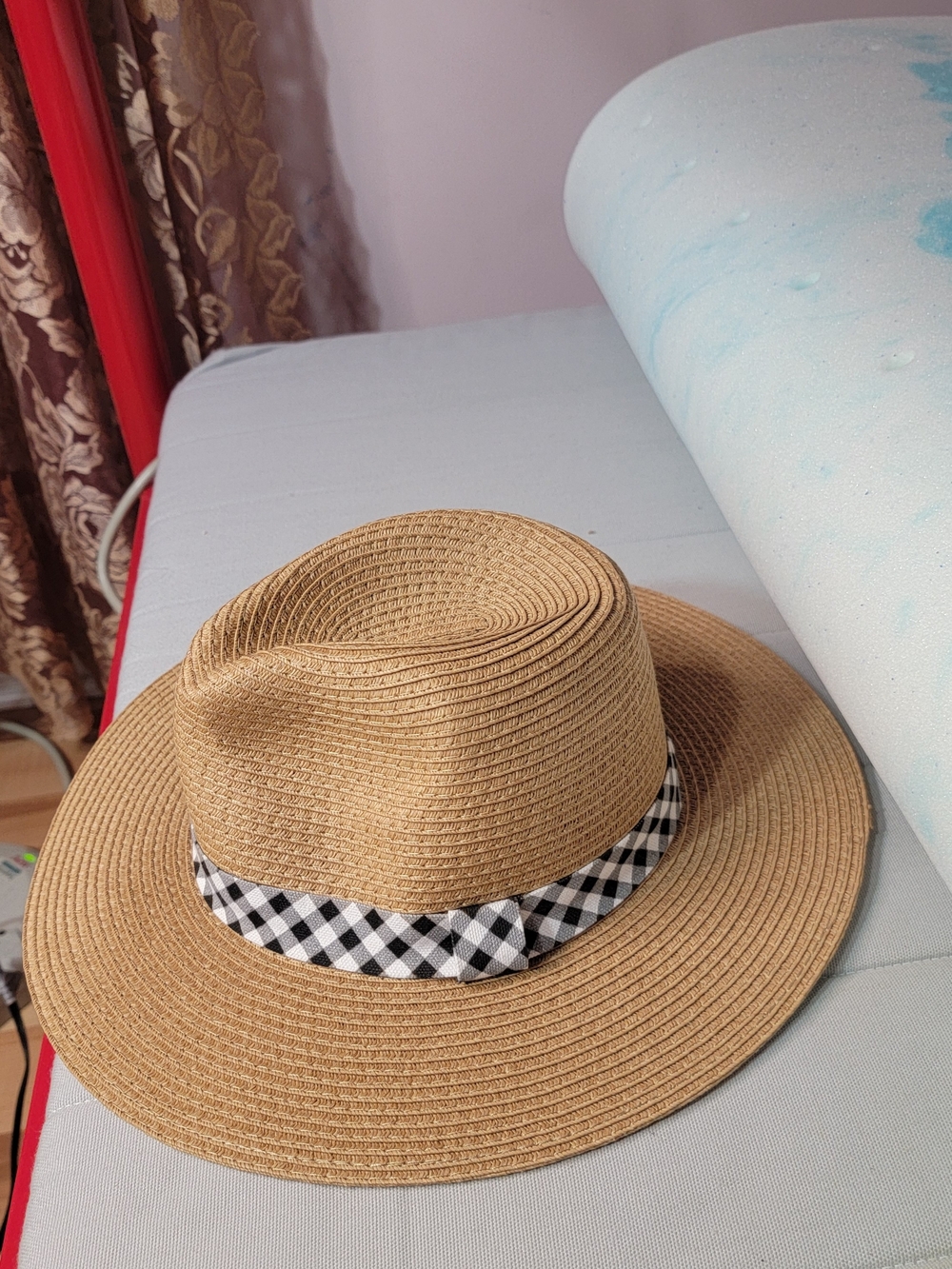Mud Pie Tan Straw Fedora with Black and White Gingham Band